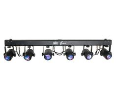 an overhead track light with five spotlights on the side and four lights on the back