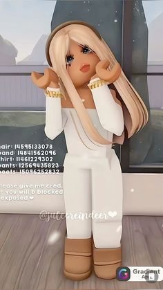 an animated doll is standing in front of a window with her hands behind her head