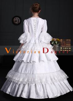 Renaissance White Floral Victorian Lolita Dress     Condition: Brand New   Color:White   Material: This dress made of High Quality Brocade, soft,smooth and comfortable to wear   Sleeve Length: Long Sleeve   Dresses Length:Floor-Length   Neckline: amp;nbsp; O-Neck   Decoration: Ruffles + Lace + Bow   Package Includes: One Dress     The length of skirt about 45 inches (114 cm) long from waist to hem regardless of size. This dress is pictured with a 6-hoop skirt Petticoat underneath to achieve the Fitted White Dress With Attached Cancan, White Lace Ball Gown Dress, White Lace Ball Gown, White Floor-length Victorian Dress With Ruffles, White Fitted Gown With Lace Trim, Fitted White Gown With Lace Trim, White Long Sleeve Gown With Lace Trim, White Fitted Full-length Dress, White Victorian Dress With Fitted Bodice