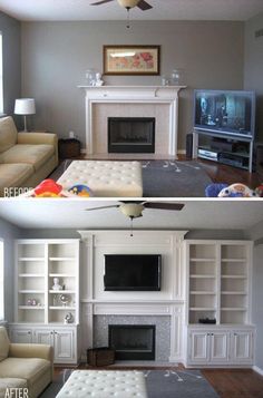 before and after pictures of a living room with built - in bookshelves, couches, fireplace and television