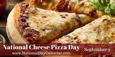 the national cheese pizza day flyer is displayed on a wooden plate with pepperoni and basil