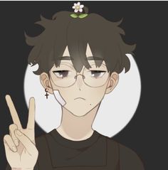 an anime character with glasses making the peace sign