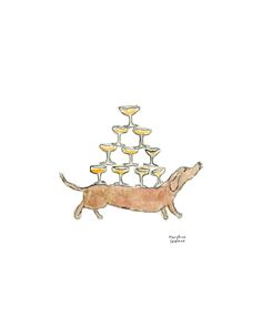 a drawing of a dog standing in front of a bunch of wine goblets