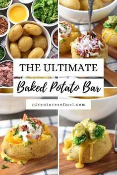 the ultimate baked potato bar recipe with potatoes, broccoli and other toppings