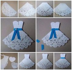 the steps to make a dress out of doily and paper with blue ribbon on it