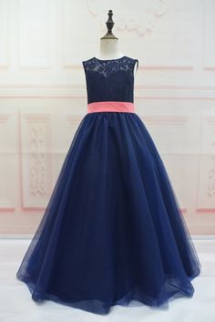 Navy blue lace tulle flower girl long dress Rustic Wedding Dress, Kids Bridal, Bow Sash, Girls Long Dresses, Tulle Flower Girl, Tulle Flowers, Rustic Wedding Dresses, Dress Sash, Flower Girl Dresses Tulle