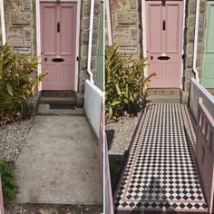 two pictures of pink doors and black and white checkerboard flooring in front of a stone building