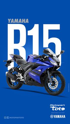 the yamaha r1 motorcycle is shown in blue and white, as well as an ad for