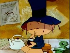 a cartoon character sitting on a stool with a tea pot