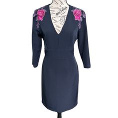 Gorgeous Alexia Admor Dress, Navy Sheath Style Dress, Gorgeous Floral Embroidery On The Shoulders, Fabric Is Not Stretchy, Lined, Back Zipper, 3/4 Sleeves, New With Tag. Elegant Embroidered V-neck Mini Dress, Formal Embroidered V-neck Dress, Fitted V-neck Embroidered Dress For Evening, Formal V-neck Dress With Floral Embroidery, Purple Floral Embroidered Dress For Formal Occasions, Elegant Dresses With Floral Embroidery And 3/4 Sleeves, Elegant Blue Mini Dress With Floral Embroidery, Elegant Floral Embroidered Workwear Dresses, Fitted Embroidered Dress With 3/4 Sleeves