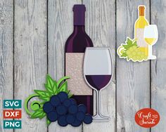 wine bottle, glass and grapes cutout on wooden background with text svg dxf file