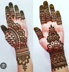 two hands with henna designs on them, one showing the intricate design and the other showing