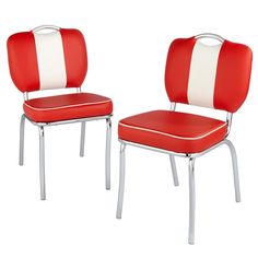 two red and white chairs sitting next to each other