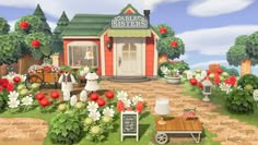 an animated image of a garden store with flowers and people standing outside the shop front