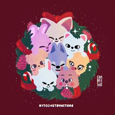 a bunch of cats that are in the middle of a circle with christmas decorations around them