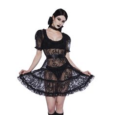 Forlorn Loveliness Mini Dress - Size Xs Widow, Dolls Kill Step Into Gothic Elegance With The Forlorn Loveliness Mini Dress. Designed For A Dramatic Flair, This Dress Features A Sheer Lace Construction With Delicate Ruffled Detailing And Picot Trim. The Short Puff Sleeves With Elastic Cuffs And Removable Satin Ribbon Self-Tie Belt Complete The Look With A Touch Of Classic Sophistication. Product Details: Size: Xs Material: Polyester Blend Color: Black Construction: Sheer Lace Details: Ruffled Det Gothic Tea Party, Dark Beauty Fashion, Gothic Elegance, Elegant Attire, Pride Outfit, Statement Dress, Dark Beauty, Lace Ruffle, Lace Mini Dress