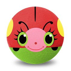 a red and green ladybug face on a round object with yellow dots around it's eyes