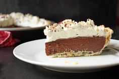 a slice of chocolate pie on a white plate