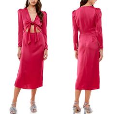 Size: Large Bust: 36-38 In. Waist: 30 In. Details & Care Gorgeously Tied At The Bust With A Cutout At The Waist, This Long-Sleeve Midi Dress With Puff Shoulders Is Crafted In Lustrous Satin For Easy Elegance. 97% Polyester, 3% Spandex Machine Wash, Tumble Dry Imported Item #6841838 Spring Satin Midi Dress With Tie Waist, Spring Party Midi Dress With Tie Back, Spring Midi Dress With Bow For Daywear, Spring Bow Midi Dress For Daywear, Spring Midi Dress With Bow For Brunch, Spring Brunch Midi Dress With Bow, Midi Dress With Bow For Brunch, Midi Length Dress With Bow For Brunch, Bow Midi Dress For Brunch