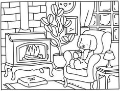 a black and white drawing of a dog sitting in a chair next to a fire place