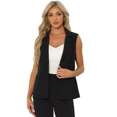 This sleeveless blazer is made of solid color and features a button-up design, flap pockets, and a notch lapel collar. Suitable for spring/fall and many occasions, such as interviewing, working, career, office, formal, business, church, and daily wear. Pair this casual blazer with skinny jeans, skirts, leggings, pants, sandals, heels, boots, and a necklace for a chic and decent look. Workwear Single-breasted Vest With Suit Collar, Lapel Collar Vest For Office In Fall, Fall Blazer With Vest For Workwear, Fall Workwear Blazer With Vest, Business Casual Fall Vest With Lapel Collar, Solid Vest With Pockets For Workwear, Single Breasted Lapel Collar Vest For Business Casual, Single Breasted Vest With Lapel Collar For Office, Fall Business Casual Blazer