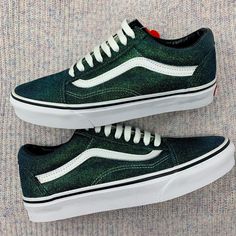 Emerald Glitter Old Skool Vans - ButterMakesMeHappy Sparkly Green Heels, Emerald Shoes, Sparkly Vans, Season Analysis, Velvet Vans, Wedding Vans, Colour Season, Old Skool Vans, Green Vans