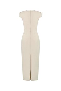 Crafted from luxurious crepe fabric, this dress features a round neckline and a timeless sheath silhouette, perfect for any occasion. With its sophisticated design and classic style, this dress is a must-have for any elegant and exclusive wardrobe. Elegant Beige Bodycon Maxi Dress, Fitted Sheath Maxi Dress For Work, Fitted Beige Maxi Dress With Straight Neckline, Beige Fitted Maxi Dress With Straight Neckline, Beige Maxi Dress With Fitted Straight Neckline, Elegant Sheath Bodycon Dress For Dinner, Elegant Bodycon Maxi Dress With Straight Neckline, Elegant Sheath Evening Dress For Dinner, Elegant Bodycon Sheath Evening Dress