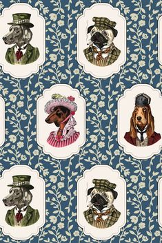 four dogs wearing hats and coats are on a blue floral wallpaper with white frames