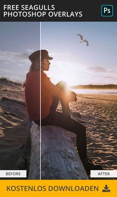 a woman sitting on top of a log in the sand