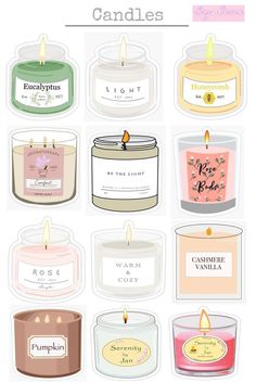 many different types of candles are shown in this graphic style, with the names on each candle