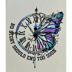 a drawing of a clock with a butterfly on it