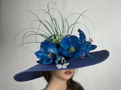 "Vogue hats are perfect for horse racing events, church, the Kentucky derby, weddings, garden tea parties and charity events. 100% Brand new, hand made and high quality. Please feel free to ask me any questions or special requests. Please visit my other shop https://www.etsy.com/shop/BridalWorldAccessory One size hat.(20\" - 22.\") Adjustable inner band. Brim is approx. 5.5\"- 6\" Thank you for visiting my shop." Blue Butterfly Party, Kentucky Derby Hats Diy, Navy Blue Butterfly, Kentucky Derby Themed Party, Tea Hat, Tea Hats, Rose Headband, Hat Wedding, Bridal Hat