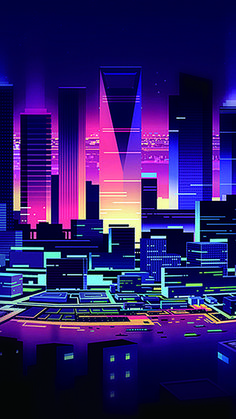 an abstract cityscape with buildings and neon lights in the night sky, as well as skyscrapers