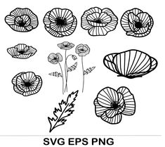 the svg epss png flower collection is shown in black and white