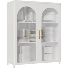 a white bookcase with two doors and glass panels on the front, side by side