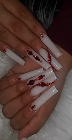 "Crimson Ice" (Inspo Nails) Gorgeous Cool Tone Milky White Nails, with Crimson Red Bling *You will receive a set of 10 nails, nail file, wooden cuticle pusher, alcohol wipe, and detailed instructions on how to apply and remove your nail set *Please order a sizing Kit first if you do not know which size nail set to order TikTok: @Pressed_by_Steph_T Instagram: @Pressed_by_Steph_T www.Pressedbystepht.com Nails Milky White, Nails Milky, Milky White Nails, Long Red Nails, Red And White Nails, Nails Luxury