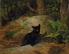 a painting of a black cat sitting in the woods