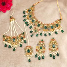 'ZARISHA' intricate Jadau nauratan stone detailed Statement Bridal Choker Necklace Set with Earrings, Passa and Tikka. High Qaulity Pakistani Manjoos Jewellery.  Dimension: Necklace Width 5cm with droplet Tikka drop lenth: 17cm W4 cm Earrings Drop L11×W4.5cm Approx We try to take photos as naturally as we can, but color can slightly vary due to lighting.  Jewelry Care -- Keep all the jewelry away from water, perfumes, and other harsh chemicals Please note: No Returns No Exchange. But If you have any issue with your order, Kindly contact us before leaving a review. Bridal Choker, Indian Jewellery Design, Choker Necklace Set, Rose Color, Beautiful Bags, Indian Jewelry, Pearl Jewelry, Jewelry Care, Necklace Set