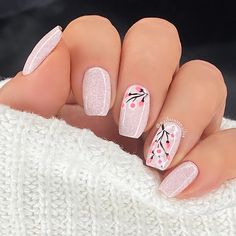 Nail Design Gold, Light Pink Acrylic Nails, Cherry Blossom Nails, Squoval Nails, Cute Spring Nails, Purple Nail, Pink French, Pretty Nail Art Designs, Nails 2023