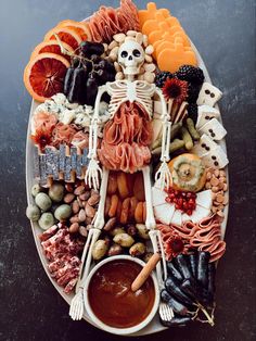 a plate full of food that looks like a skeleton