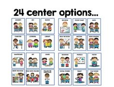 a poster with the words 24 center options on it and pictures of children sitting at desks