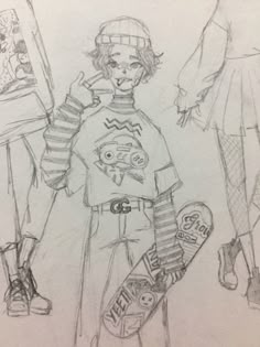 a pencil drawing of a boy holding a skateboard and another person standing next to him