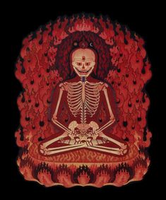 a skeleton sitting in the middle of a red and black background with skulls on it