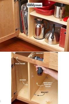 the kitchen cabinet door is open to show what's in it and how to use them