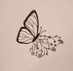 a black and white drawing of a butterfly with flowers on it's back wing