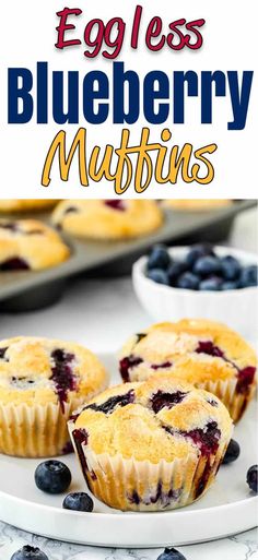 blueberry muffins on a white plate with text overlay