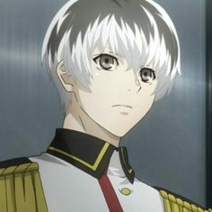 an anime character with short white hair and black eyes in uniform, looking at the camera