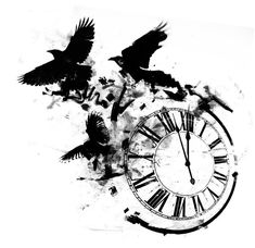 two black birds flying over an old clock with roman numerals on the face