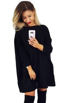 Black Oversized Batwing Sleeve Sweater Dress Casual Black Batwing Sleeve Dress, Casual Oversized Dresses With Batwing Sleeves, Casual Black Dress With Batwing Sleeves, Black Oversized Crew Neck Dress, Oversized Solid Color Dresses For Fall, Oversized Black Dress With Crew Neck, Trendy Oversized Dress For Fall, Oversized Sweater Dress, Oversized Black Sweater