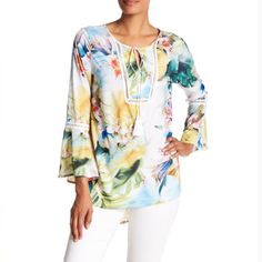 New Without Tags Amelia New York Soft Summer Orchid Tunic Top Size: Petite Small - Floral Print - Bell Sleeves - Tassel Detail - Boho/Vacation Vibes - 100% Polyester Approximate Measurements: Armpit To Armpit - 19” Length - 31” (Back) & 27” (Front) Spring Tropical Printed Blouse, Tropical Floral Print Blouse For Spring, Spring Tropical Blouse With Floral Print, Vacation Vibes, Soft Summer, Tunic Top, Orchids, Bell Sleeves, Floral Tops